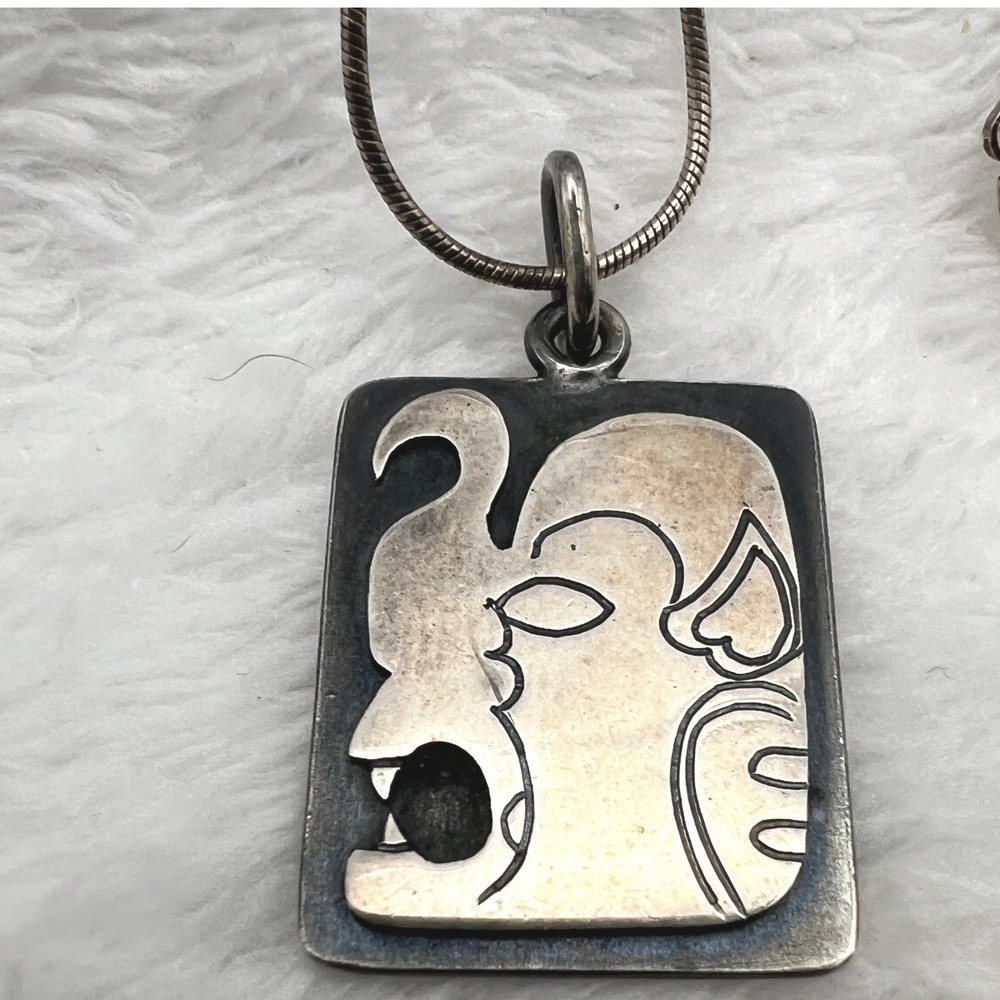 Vintage Sterling Silver Necklace Mayan Glyph Engraved Pendant Snake Chain 16" 7g
